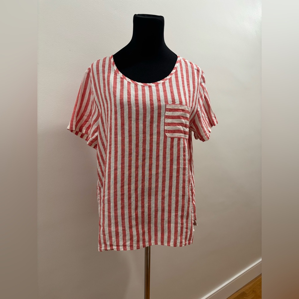 210. Christian Siriano 100% Linen Striped Red & White Women’s Pocket Tee